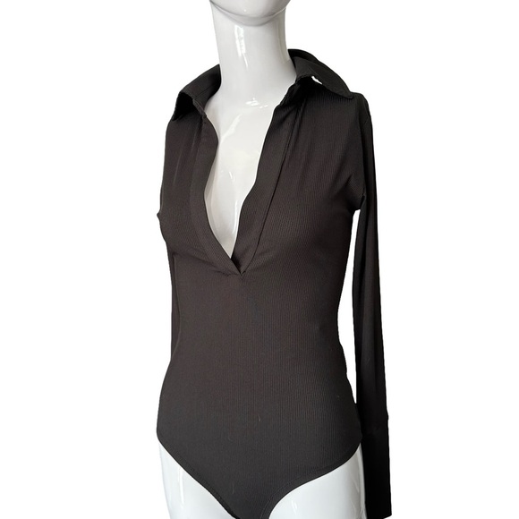 de base Tops - Black Long Sleeve Fitted Bodysuit with Notched Collar